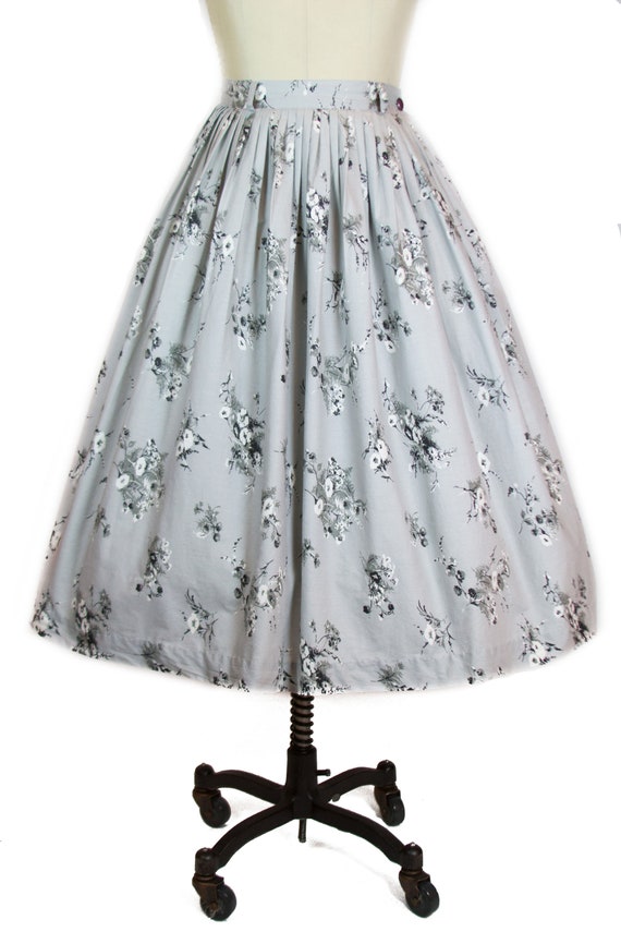 1950s Full Skirt ~ Morning Glory Flowers on Grey C