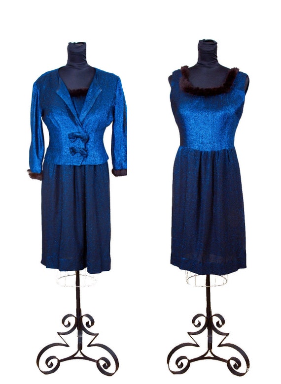 1950s Dress ~ Fur Trimmed Blue Lurex Sexy Cocktail
