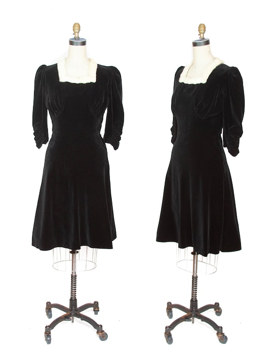 1930s Dress ~ Black Velveteen Ruched Puff Sleeve R