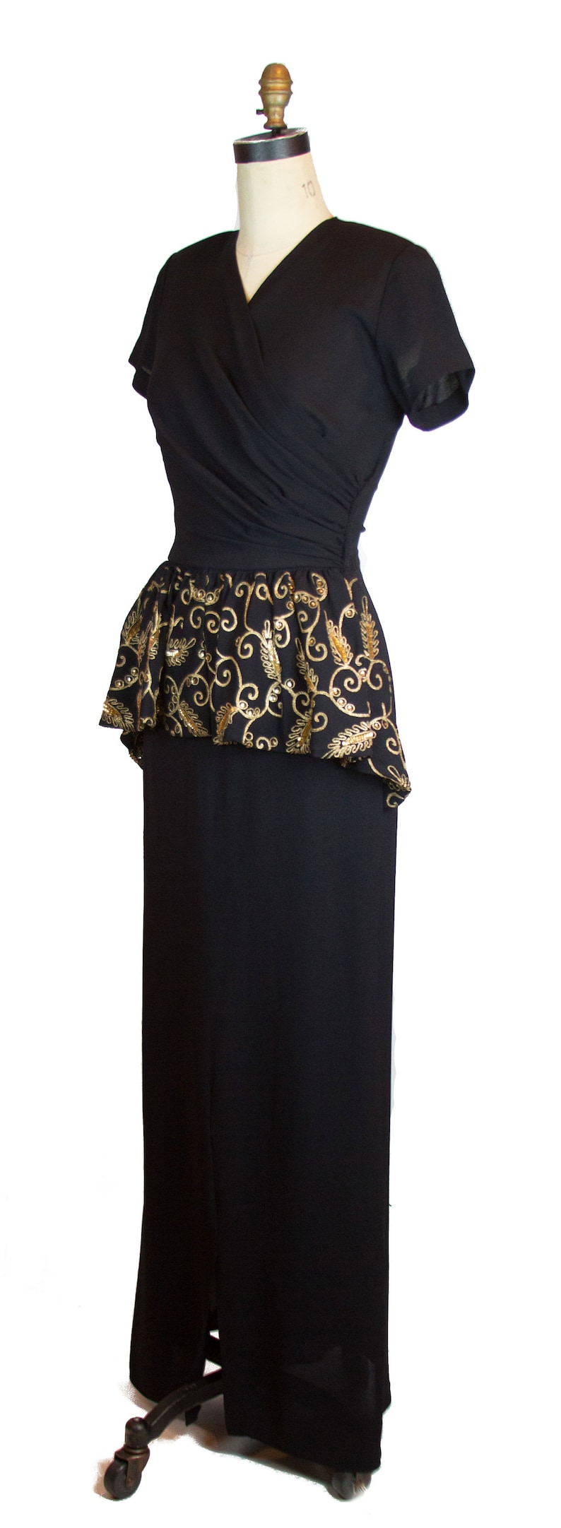 1940s Dress ~ Gold Soutache and Sequin Black Crepe Rayon Evening Gown with Peplum