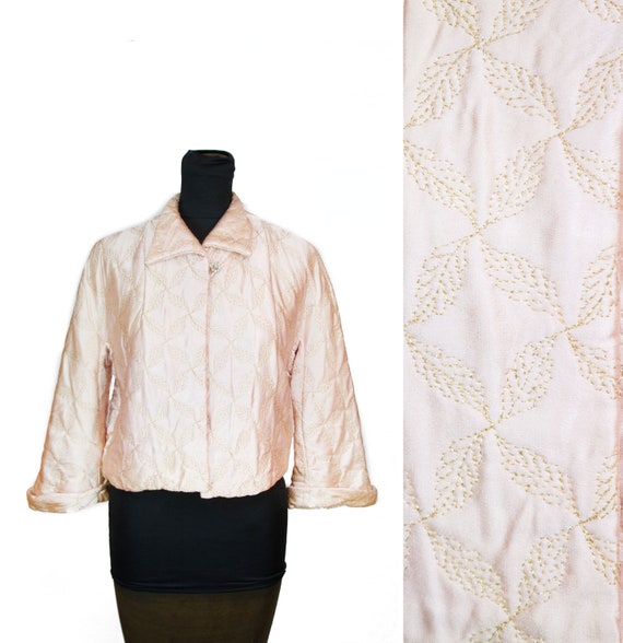 1950s Bed Jacket ~ Pink Satin Gold Lurex Quilted L
