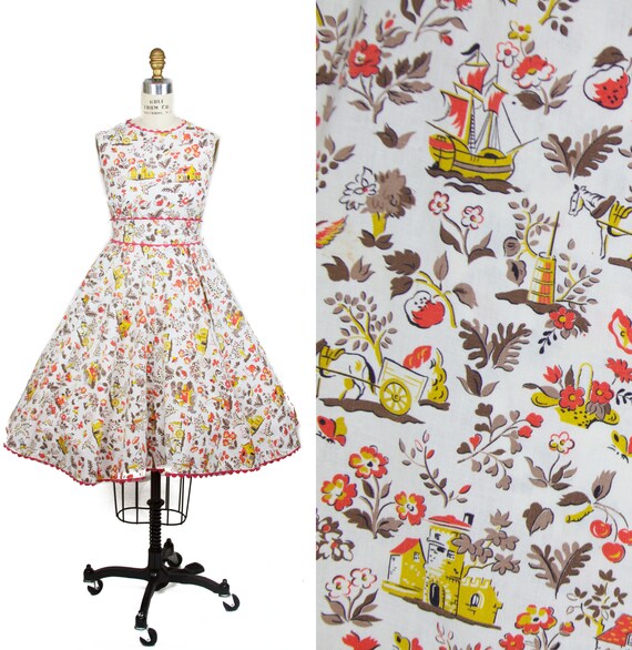 Vintage 1950s Dress // Castle Ship Fruit Countrysi