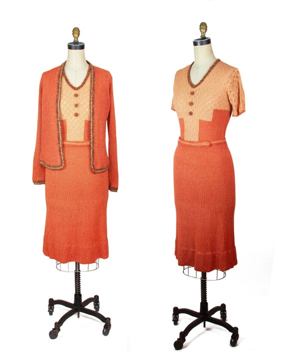1930s Sweater Dress ~ Art Deco Peach Coral Geometr