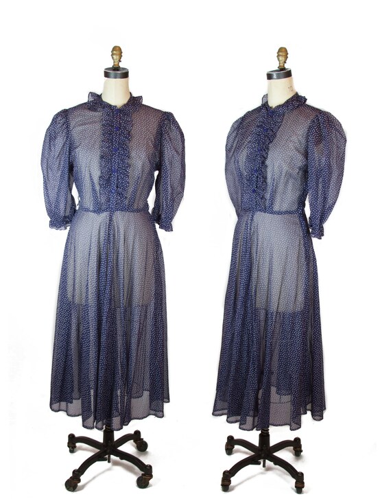 1940s Dress ~ Sheer Navy Dot Puff Sleeve Ruffle Bu