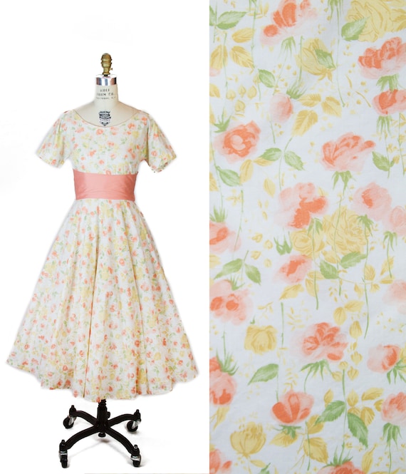 1950s Dress ~ Yellow and Peach Rose Floral Cotton