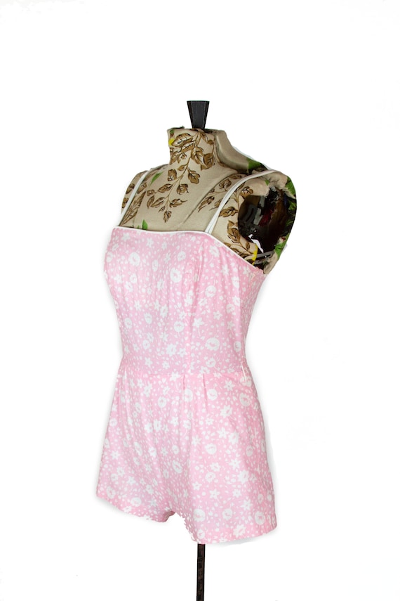 1970s Playsuit ~ Pink and White Cotton Ruched Summ