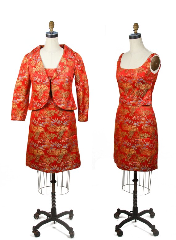1960's Dress Set // Red Chinoiserie Brocade Top Sk