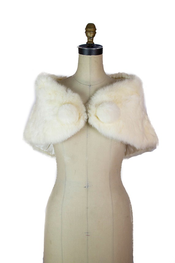 1950s Fur Stole ~ Ivory Shoulder Wrap with Large F