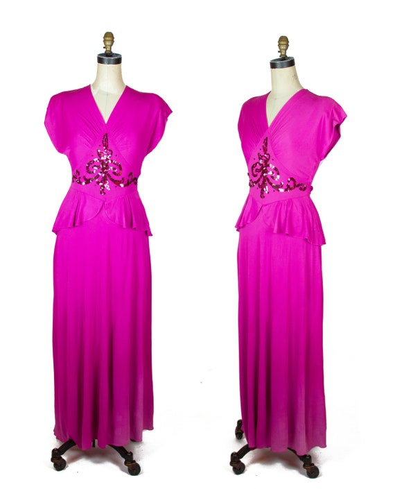 1940s Dress ~ Fuchsia Rayon Jersey Sequin Peplum E