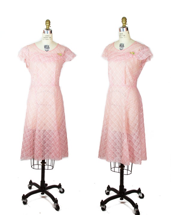 1930s Dress ~ Pink Organdy Plaid Embroidered Ruffl