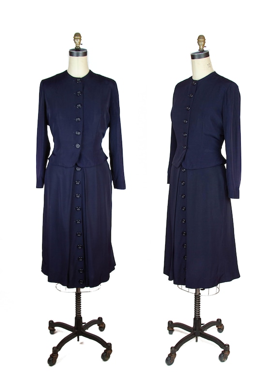 1940s Suit ~ Navy Faille Tailored Suit with Button