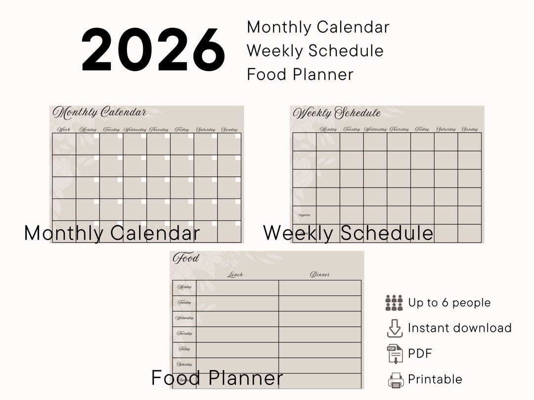 2026 Minimalist Printable Planner Monthly Calendar Weekly Schedule Food ...