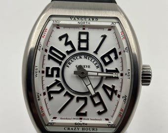 Reloj de pulsera vintage Franck Muller Vanguard Crazy Hours con esfera blanca para hombre: una pieza elegante.
