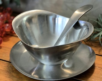 Mid Century Modern Dolphin Gravy Boat Bowl w Ladle Stainless Steel 2 Piece