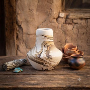 May include: A ceramic vase with a wide base and narrow neck featuring a marbled pattern of cream, tan, and dark brown swirls. Beside it sits a small dark brown pot, a stack of broken terracotta shards, a bundle of dried sage, and a turquoise stone.