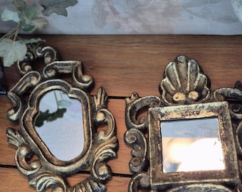 Set Of 2 Vintage Victorian Baroque  Wall Mirrors Cast Iron Frame Gold Filigree