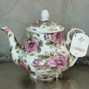 Kent Pottery Pink Rose Chintz Ceramic Teapot with Lid, "In Full Bloom" Shabby Chic Floral Tea Pot Gift for Tea Lovers Cottagecore Home Decor