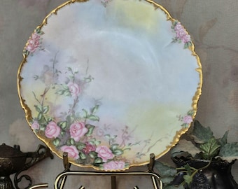 Antique Haviland Co. Limoges France Hand Painted Pink Roses Gold Rim Plate 9.5"