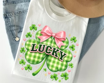 Camiseta Lucky Clover Coquette, Camiseta fofa com laço para o Dia de São Patrício, Camiseta xadrez vichy com trevo, Blusa feminina fofa com amuleto da sorte irlandês