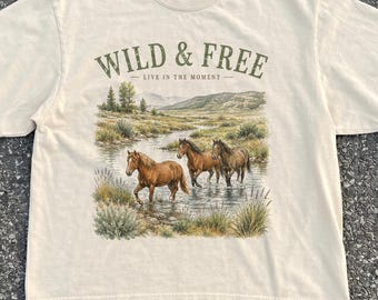 Wild Horses River Comfort Colors Shirt, Vintage Western Nature Tee, Horse Lover Gift, Wildlife Landscape Graphic T-Shirt