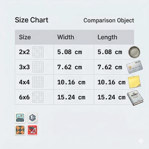 May include: A size chart displaying measurements in centimetres. The chart details sizes 2x2, 3x3, 4x4, and 6x6, with corresponding width and length measurements. Comparison objects include a bottle cap, credit card, sticky note, and a book.
