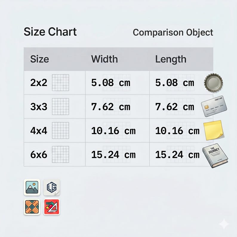 May include: A size chart displaying measurements in centimetres. The chart details sizes 2x2, 3x3, 4x4, and 6x6, with corresponding width and length measurements. Comparison objects include a bottle cap, credit card, sticky note, and a book.