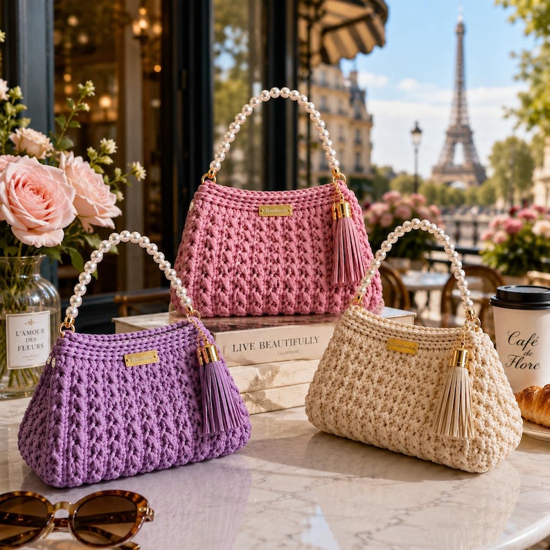 May include: Three crochet handbags in purple, pink, and cream, each featuring a pearl bead handle, a gold-tone metal brand tag, and a matching tassel. The bags have a textured, ribbed knit pattern and are arranged on a table with a view of the Eiffel Tower.