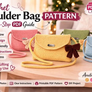 Könnte beinhalten: Bild eines Häkel-Schultertaschenmusters mit Schritt-für-Schritt-Anleitungen. Das Bild zeigt drei fertige Taschen in Rosa, Gelb und Blau, jede mit einer Schleife und einem Riemen. Der Text auf dem Bild lautet "Häkel-Schultertaschenmuster".