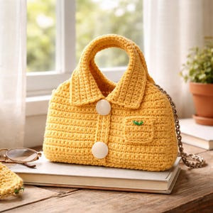 Puede incluir: Un bolso amarillo de ganchillo con forma de camisa con cuello, con dos botones blancos grandes y un pequeño bolsillo con un detalle de hoja verde. El bolso tiene una correa de cadena y un asa redonda.