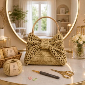 May include: A beige crocheted handbag with a bow-shaped front, featuring wooden handles. The bag is displayed on a marble surface, alongside yarn, a crochet hook, scissors, and stitch markers. The yarn is labeled "Cotton Bliss".