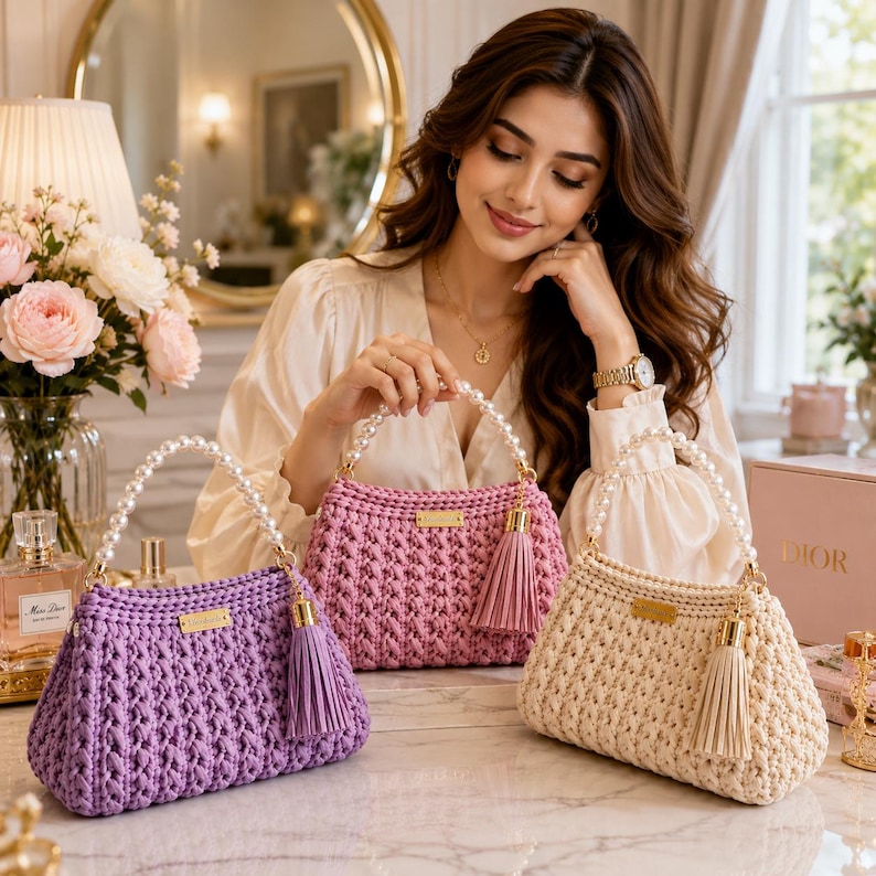 May include: Three handmade crochet handbags in purple, pink, and cream. Each bag features a textured knit pattern, a gold-tone metal brand tag, a matching leather-look tassel, and a handle made of white faux pearls with gold-tone hardware.