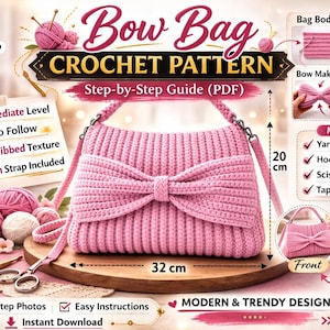 May include: A pink crochet bow bag pattern with a 45 cm strap. The pattern includes step-by-step photos and easy instructions. The bag measures 32 cm wide and 20 cm high. The pattern is an intermediate level and features a BLO ribbed texture.