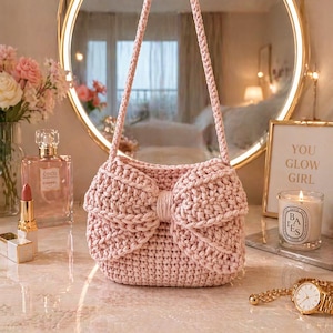 May include: A light pink crochet handbag with a large bow detail on the front. The bag has a shoulder strap and is sitting on a marble surface. A gold watch, perfume bottle, and a candle with the text "YOU GLOW GIRL" are also visible.