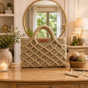 Puede incluir: Un bolso beige tejido a ganchillo con un patrón de diamantes y dos asas. El bolso tiene una pequeña etiqueta de cuero marrón que dice "Handmade". El bolso está sobre una mesa de madera.