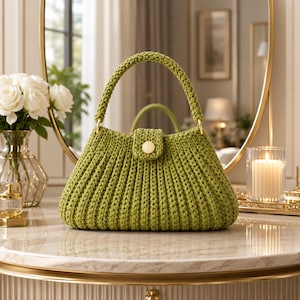 Könnte beinhalten: Eine salbeigrüne gehäkelte Handtasche mit strukturierter, gerippter Oberfläche und einem einzelnen abgerundeten Henkel. Die Tasche wird durch eine mittige Klappe gesichert, die mit einem goldenen, runden Knopf auf der Vorderseite versehen ist.