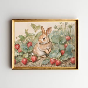 Lámina decorativa con diseño de conejito y fresas: Decoración infantil vintage con animales para primavera (Descarga digital imprimible)