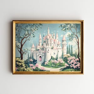 May include: A framed wall art print depicting a white castle with multiple towers and pink conical roofs. The structure is surrounded by lush green trees and blooming pink flowers, with a light blue sky and a path leading to the arched entrance.
