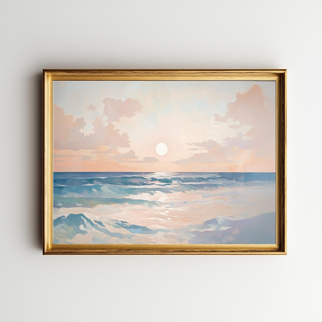 Soft Pastel Sunset Beach Art Print : Vintage Coastal Seascape Wall Art ...