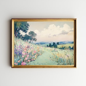 Soft Meadow Path Landscape Painting: Vintage Pastel Wildflower Nature Wall Art (Printable Digital Download)