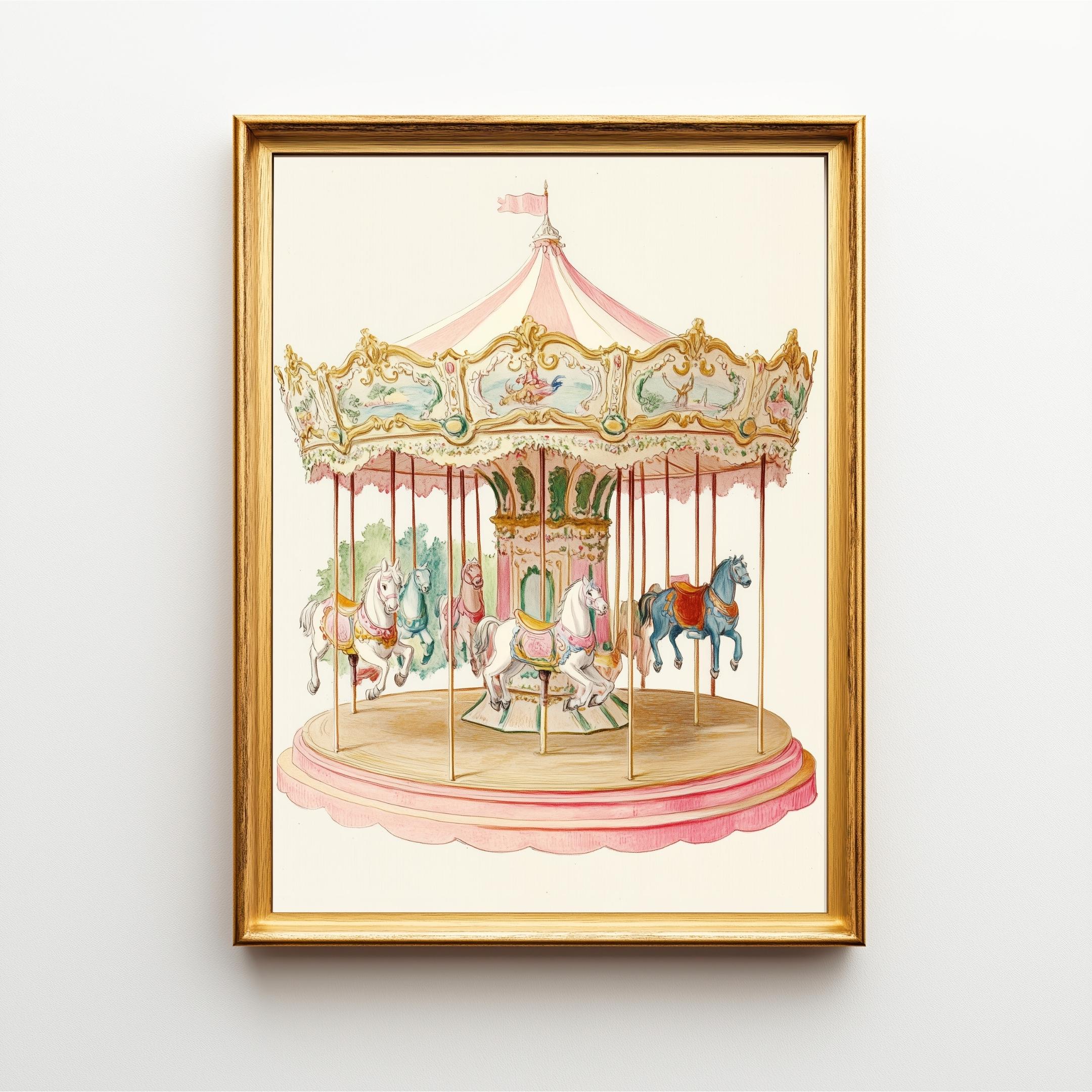 Pink & Gold Carousel Art Print: Vintage Whimsical Nursery Decor ...