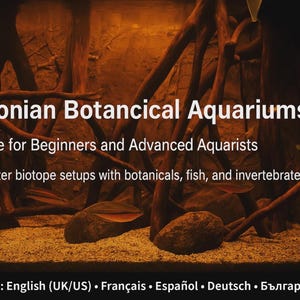 May include: Image of an Amazonian Botanical Aquariums guide. The title is in white, with the subtitle "A Guide for Beginners and Advanced Aquarists." The image shows a blackwater biotope with botanicals, fish, and invertebrates.