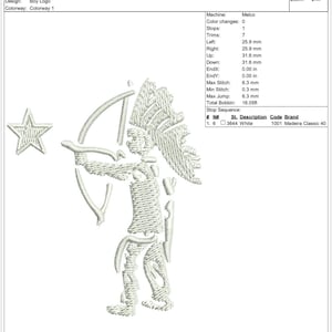 May include: White embroidered design of a Native American figure with a bow and arrow, a star, and the text "*BOY LOGO*". The design is 2.49 inches high and 2.04 inches wide. The design is for embroidery.