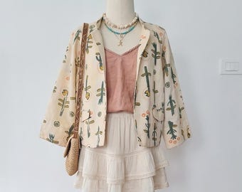 Linnen katoenen cropped blazer zomer minimalistisch zandbeige 3/4 mouw lichte bolero maat 1 ongerepte Franse designer Cotélac