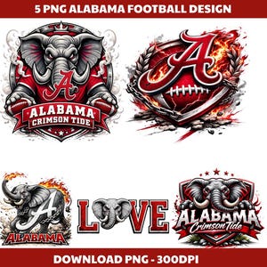 Pode incluir: Cinco designs digitais com a equipa de futebol americano Alabama Crimson Tide. Os designs incluem uma mascote elefante, a letra "A" e as palavras "Alabama" e "Crimson Tide". Os designs são em vermelho, branco e cinza, com um estilo vintage desgastado. O texto "DOWNLOAD PNG - 300DPI" também está incluído.