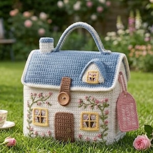 May include: A crochet house-shaped handbag with a blue roof, white walls, and a brown door. The bag features a handle, a chimney, and floral embroidery. A pink tag hangs from the side. The bag is sitting on green grass.