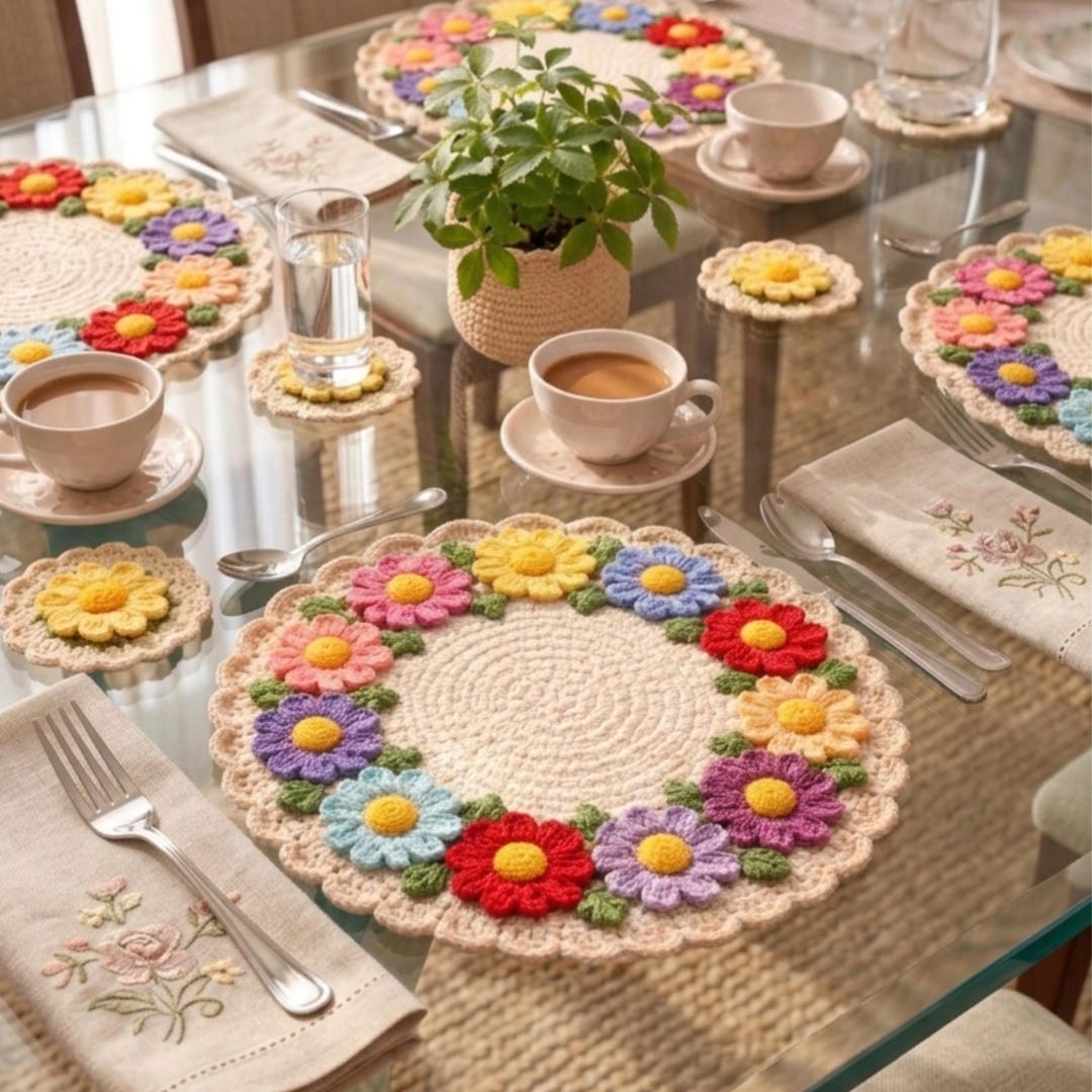 Crochet Daisy Placemat and Coaster Pattern Beginner Flower Table Set ...