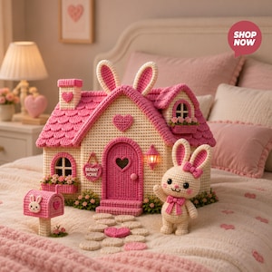 Könnte beinhalten: Ein gehäkeltes Häschenhaus mit rosa Dach, herzförmiger Tür und Hasenohren-Akzenten. Eine passende Mailbox und eine gehäkelte Häschenfigur stehen vor dem Haus. Der Text "BUNNY HOME" befindet sich auf der Tür.