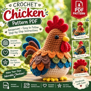 May include: A digital PDF pattern for a crocheted chicken amigurumi. The main image shows a brown chicken with a red comb and wattle, yellow beak, and colourful layered feathers in blue, orange, and green. Text includes CROCHET Chicken Pattern PDF.