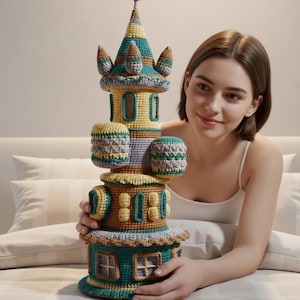 Può includere: Una stravagante torre all'uncinetto a più livelli nei toni del verde acqua, giallo, marrone e lavanda. La struttura fatta a mano presenta finestre ad arco, finiture decorative e una sommità appuntita. Un oggetto decorativo unico.