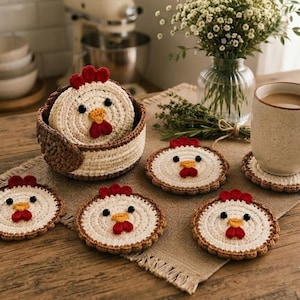 May include: A set of round, crocheted chicken coasters featuring a cream-colored face, black bead eyes, a yellow beak, and a red comb and wattle. The coasters are stored in a matching round, brown and cream crocheted basket on a wooden surface.